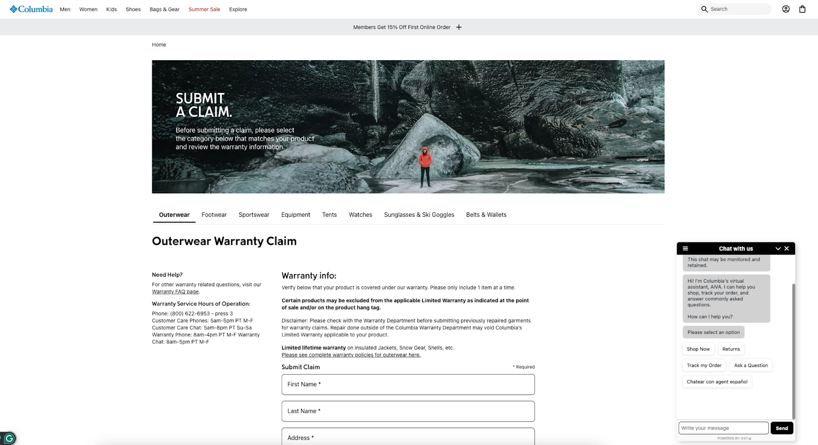 Columbia warranty claim support with AI in ecommerce example
