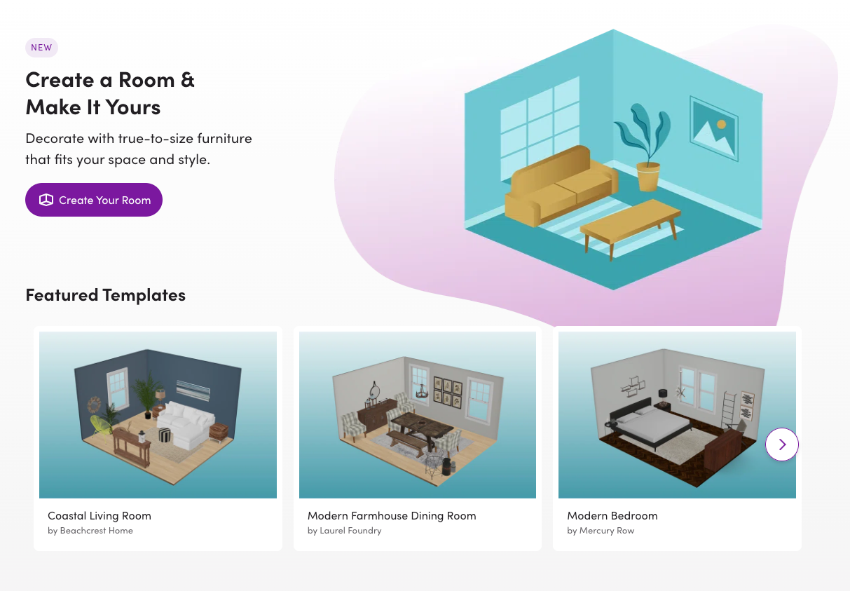 Screenshot of Wayfair room planner AI in ecommerce tool 