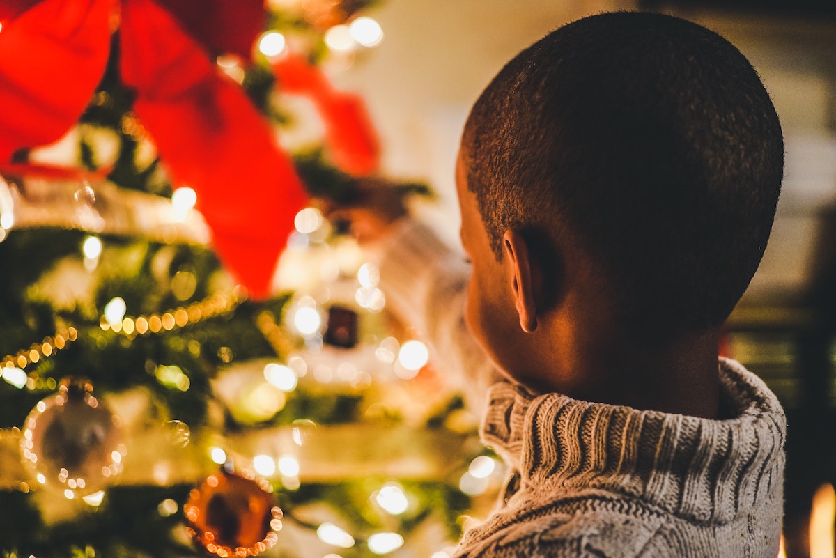 Young Boy Places an Ornament on a Christmas Tree Salsify Product Content Ready